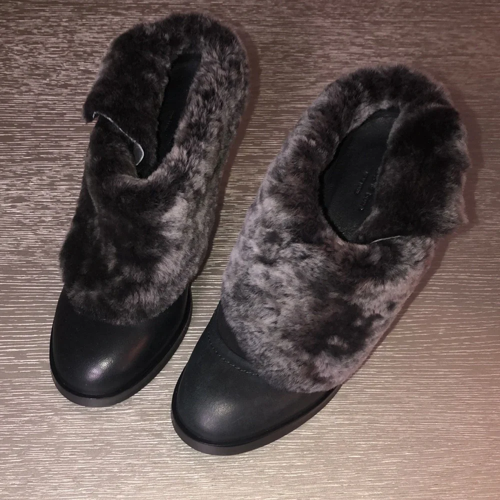 rag & bone Black Leather Mules with Gray Fur Cuff